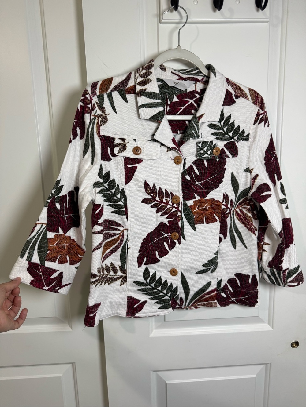 Tanjay Womens Jacket Size 8 White Tropical Palm Leaf Print Button Front Cotton